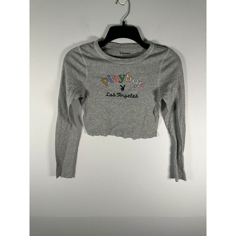 Playboy Crop Top Womens S Gray Long Sleeve Ribbed Graphic Los Angeles Raw Hem